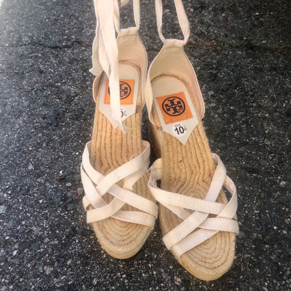 Tory Burch White ankle wrap wedge espadrilles Size 10.5 - Picture 8 of 11